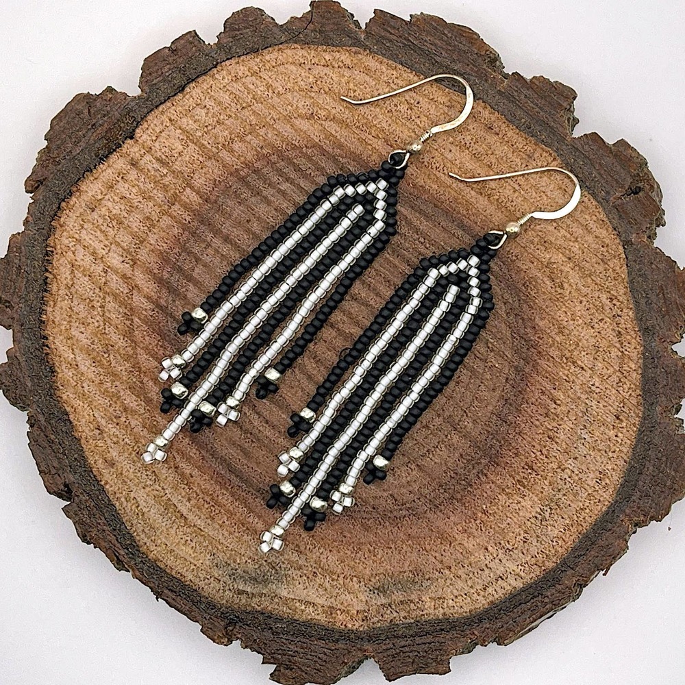 Seed Bead Fringe Dangle Earrings Black White Striped Glass Beads Sterling Silver